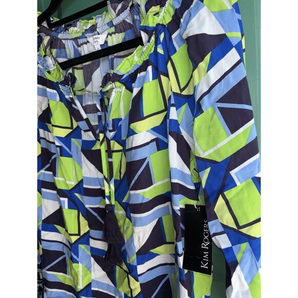 Crown &Ivy Small Long Sleeve Neon Blue Green White Flounce Peplum Top - Picture 7 of 9